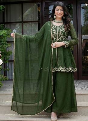 Dark-green silk blend embroidered palazzo set 2
