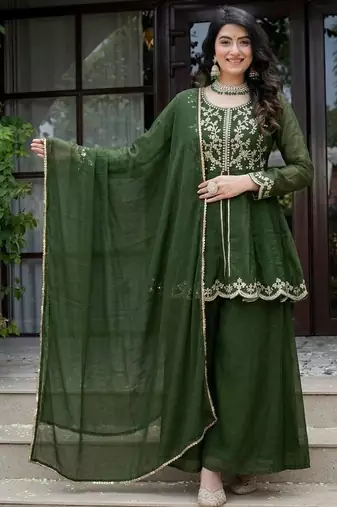 Dark-green silk blend embroidered palazzo set