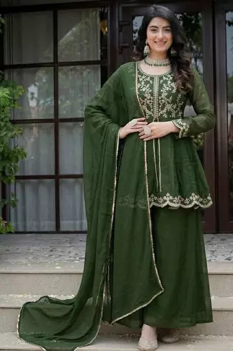 Dark-green silk blend embroidered palazzo set