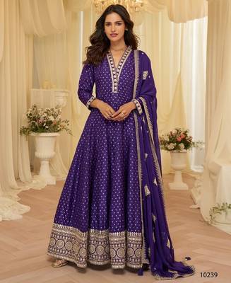 Purple silk blend embroidered flared gown set 1