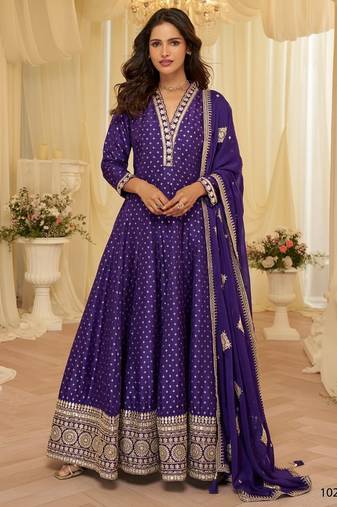 Purple silk blend embroidered flared gown set