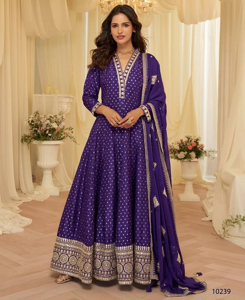 Purple silk blend embroidered flared gown set