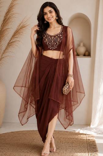 Brown silk blend embroidered skirt