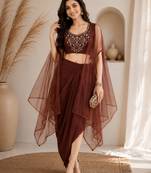 Brown silk blend embroidered skirt