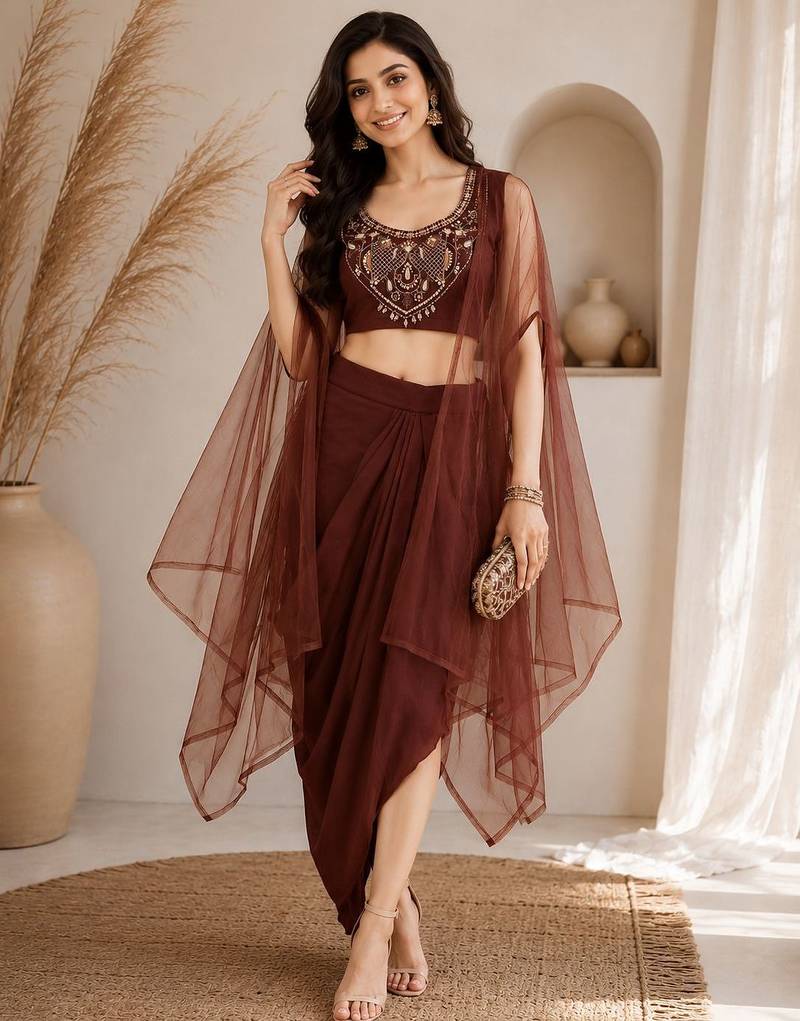 Brown silk blend embroidered skirt