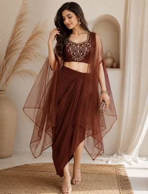 Brown silk blend embroidered skirt 3