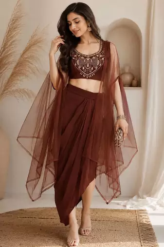 Brown silk blend embroidered skirt