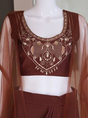 Brown silk blend embroidered skirt 4