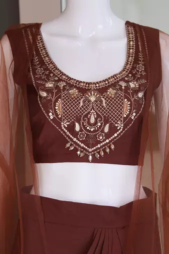 Brown silk blend embroidered skirt