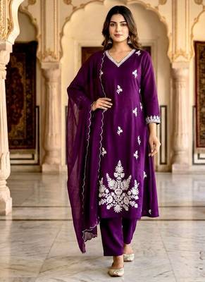 Purple cotton silk embroidered kurta set 1