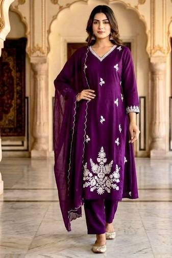 Purple cotton silk embroidered kurta set