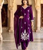 Purple cotton silk embroidered kurta set
