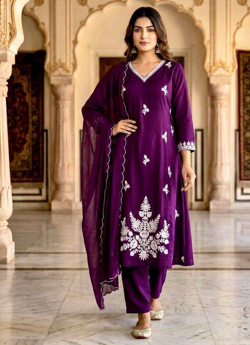 Purple cotton silk embroidered kurta set