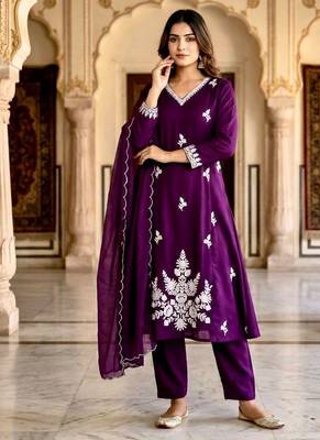 Purple cotton silk embroidered kurta set 2