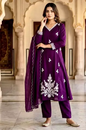Purple cotton silk embroidered kurta set