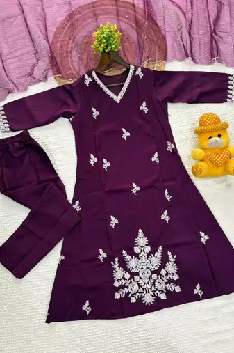 Purple cotton silk embroidered kurta set