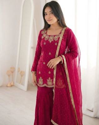 Hot-pink silk blend embroidered sharara set 2
