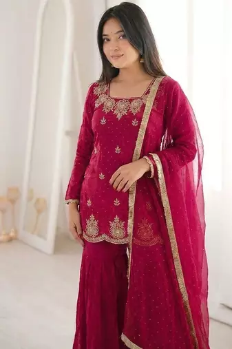 Hot-pink silk blend embroidered sharara set