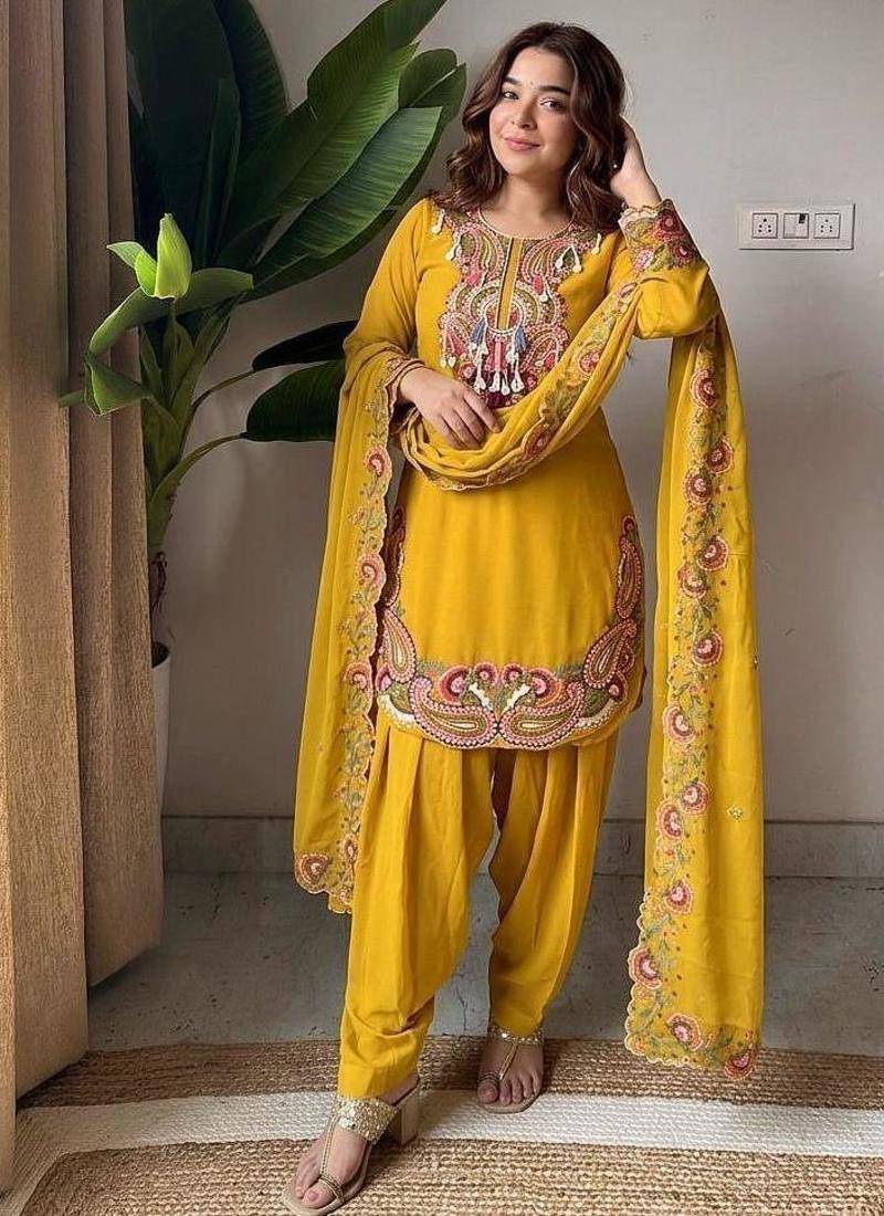 Yellow georgette embroidered farshi salwar set