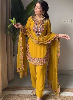 Yellow georgette embroidered farshi salwar set 2