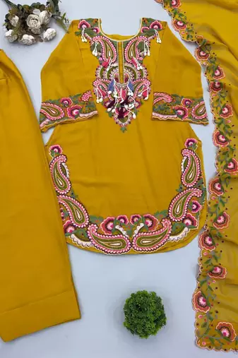Yellow georgette embroidered farshi salwar set
