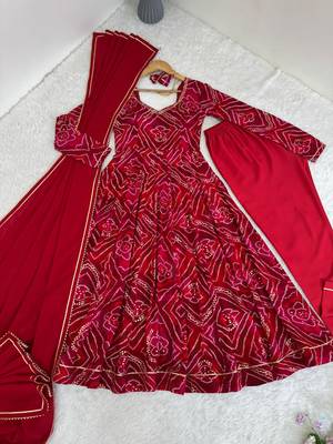 Red rayon gotta patti flared gown set 2