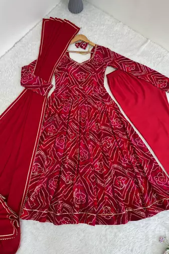 Red rayon gotta patti flared gown set