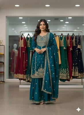 Teal-blue silk blend embroidered sharara set 1