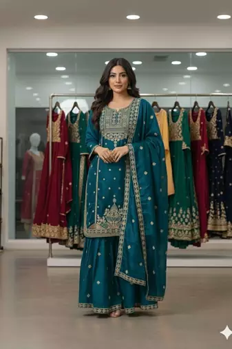 Teal-blue silk blend embroidered sharara set