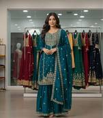 Teal-blue silk blend embroidered sharara set