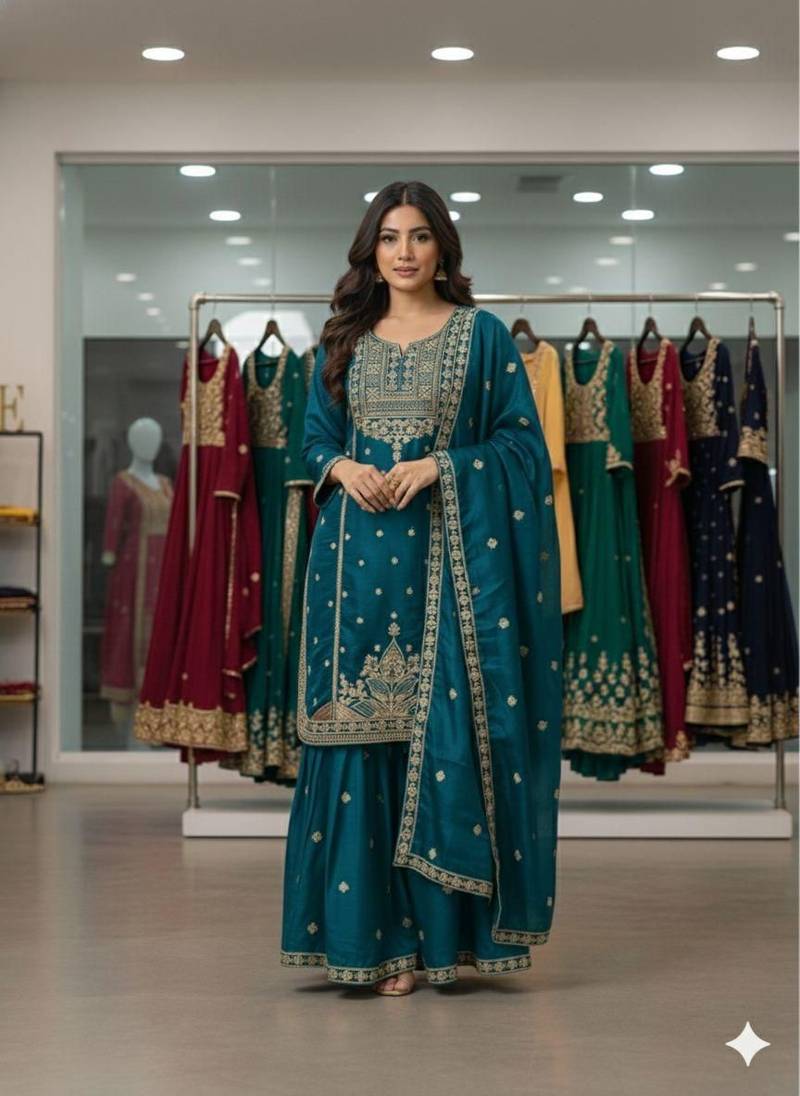Teal-blue silk blend embroidered sharara set