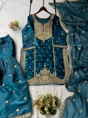 Teal-blue silk blend embroidered sharara set 2