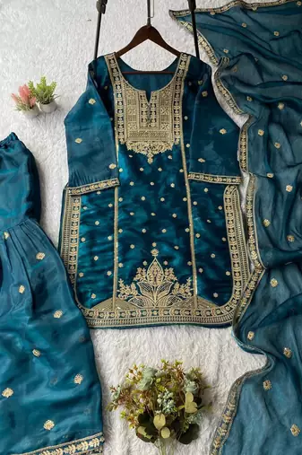 Teal-blue silk blend embroidered sharara set