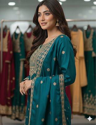 Teal-blue silk blend embroidered sharara set 3