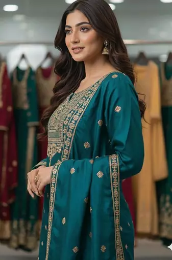 Teal-blue silk blend embroidered sharara set
