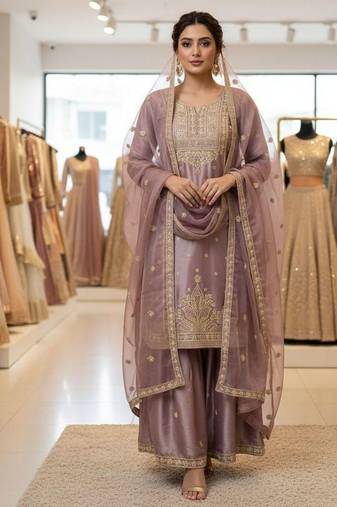 Lavender silk blend embroidered sharara set