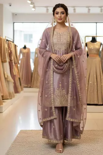 Lavender silk blend embroidered sharara set