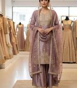 Lavender silk blend embroidered sharara set