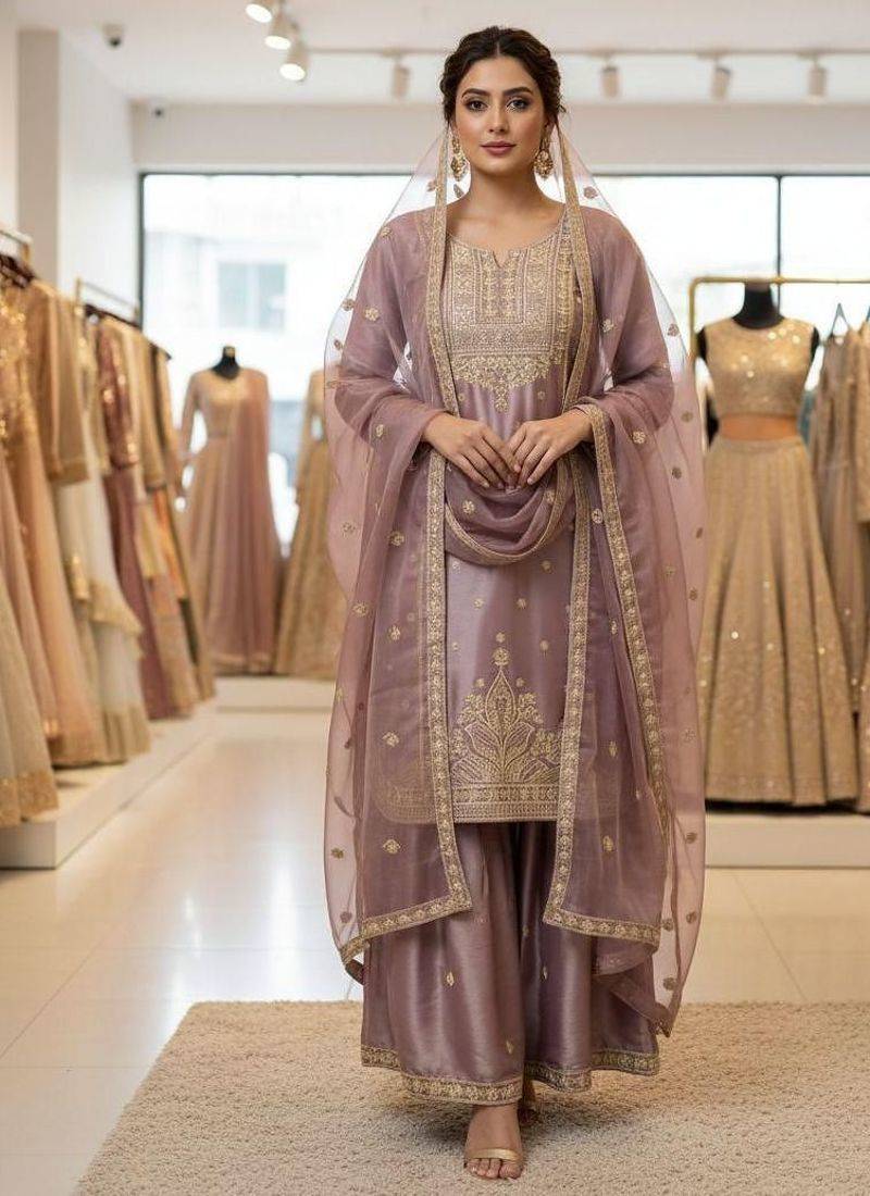 Lavender silk blend embroidered sharara set