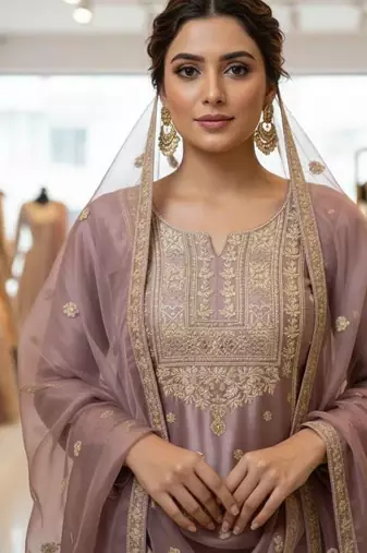 Lavender silk blend embroidered sharara set
