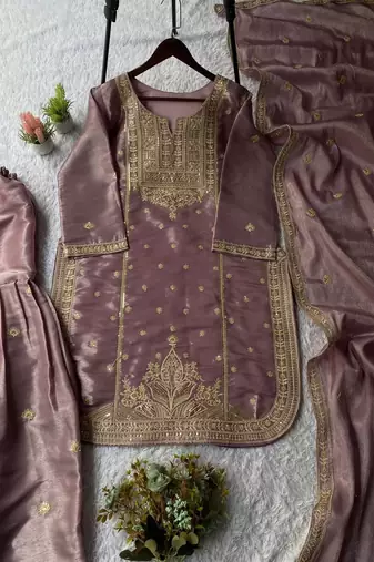 Lavender silk blend embroidered sharara set