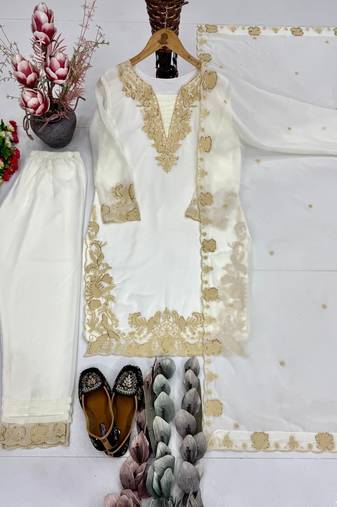 White faux georgette embroidered kurta set