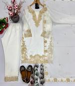 White faux georgette embroidered kurta set