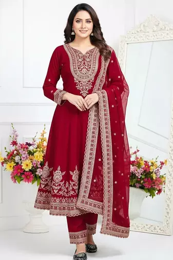 Red crepe embroidered kurta set