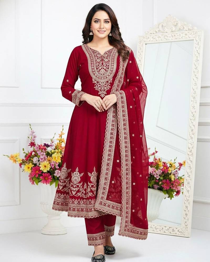Red crepe embroidered kurta set