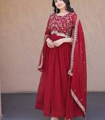 Red silk blend sequins flared gown set