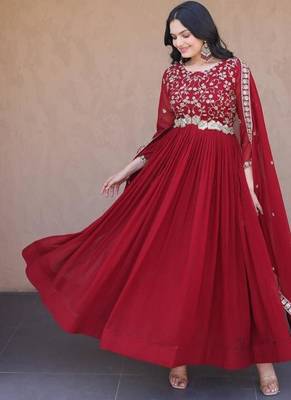 Red silk blend sequins flared gown set 2