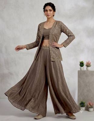 Brown silk blend embroidered palazzo set 1