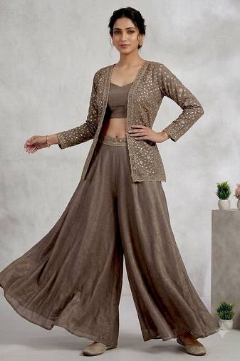 Brown silk blend embroidered palazzo set