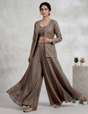 Brown silk blend embroidered palazzo set 2